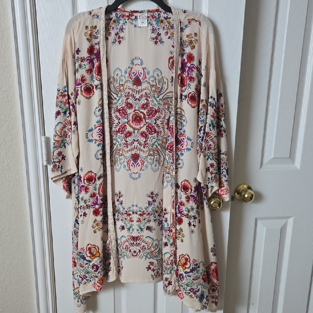 Bila Red and Cream Cardigan Sweater Open Front